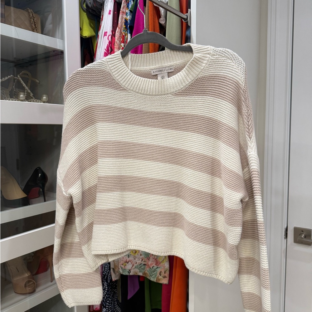 Sincerly Jules Tan and White Cowl Neck Sweater